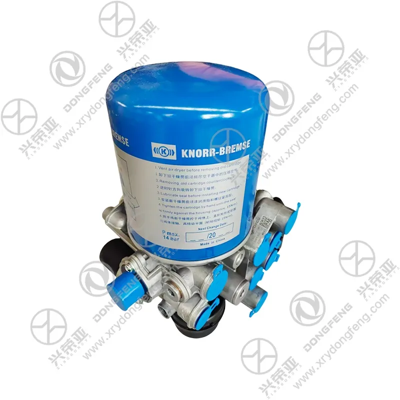Front full view of Knorr-Bremse blue desiccant tank integrated air dryer OE 3543010-92302 DFCV OEM brake air dryer unit for Dongfeng GX & KX truck